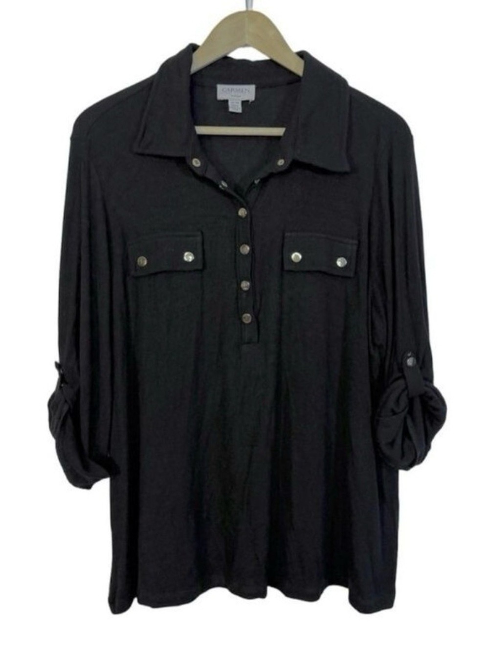 Carmen Marc Valvo Top Womens Sz 1X Black Gold Snaps Minimalist Work Stretch Chic